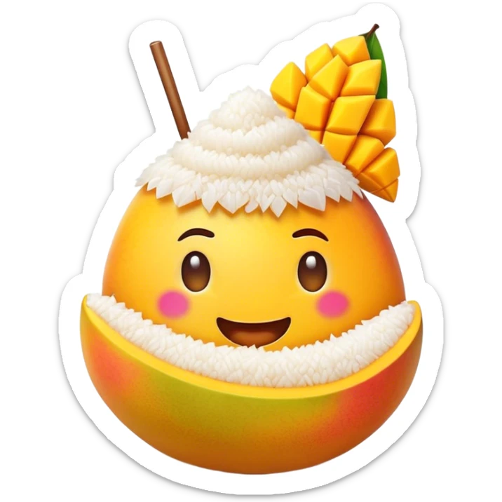 Cinematic Realistic Mango Sticky Rice Dessert Emoji, showcasing sweet sticky rice paired with ripe mango slices and coconut milk rendered with lifelike detail and warm, inviting lighting. sticker