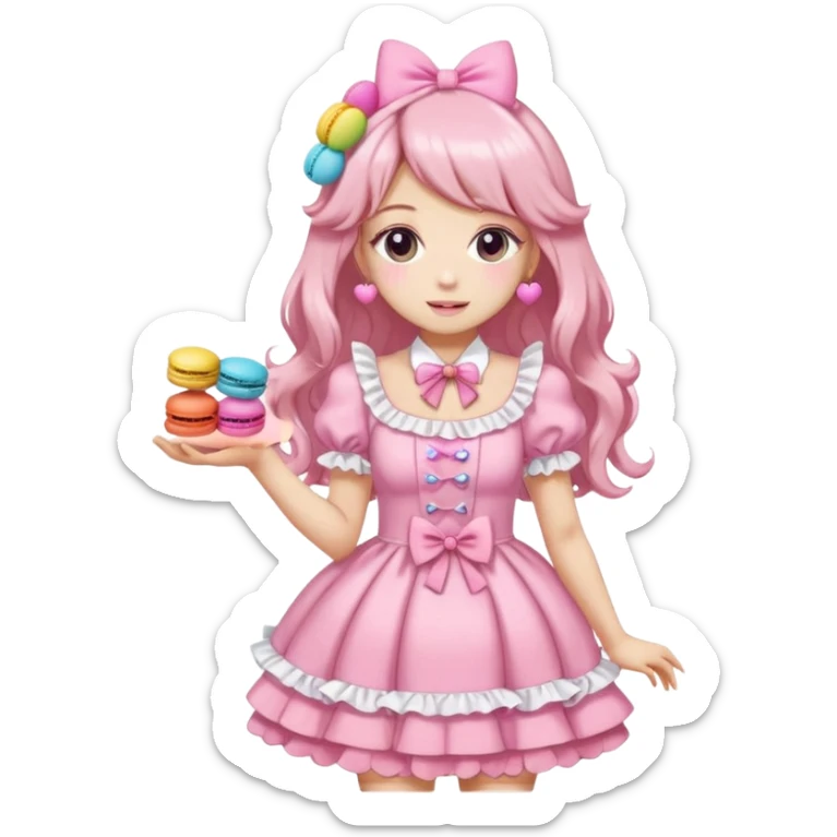 a cute character in a frilly pink hime gyaru dress holding a colorful macaron, emoji style sticker