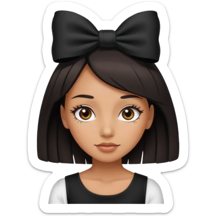 Adult woman with black cute  cut with a black top and a bow on her head with long lashes sticker