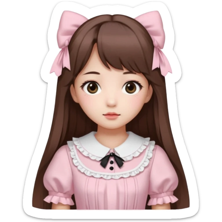 She has fair skin, is Korean, has long straight brown hair, slanted black eyes, with a very Kawaii baby pink lolita dress.  sticker