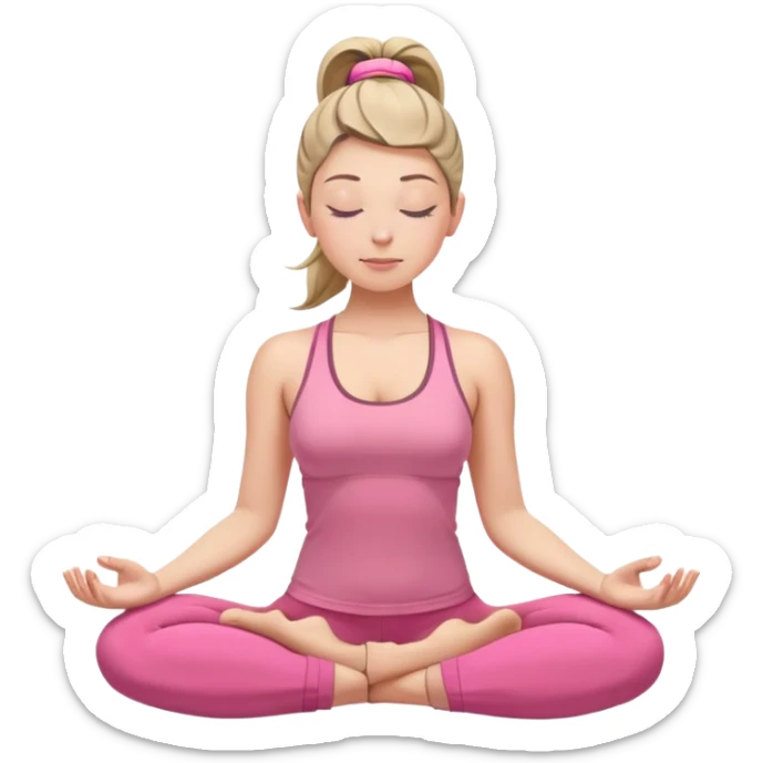 white woman with ponytail hairstyle in lotus position meditation yoga pose, closed eyes, relaxed face, wearing pink yoga outfit sticker