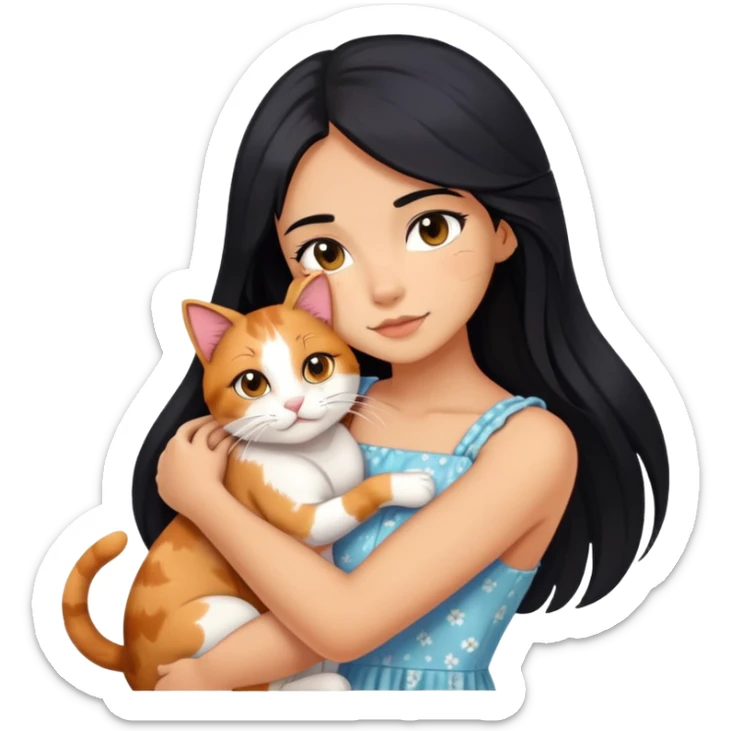 A beautiful girl with long black hair wearing a sun dress hugs a calico sticker