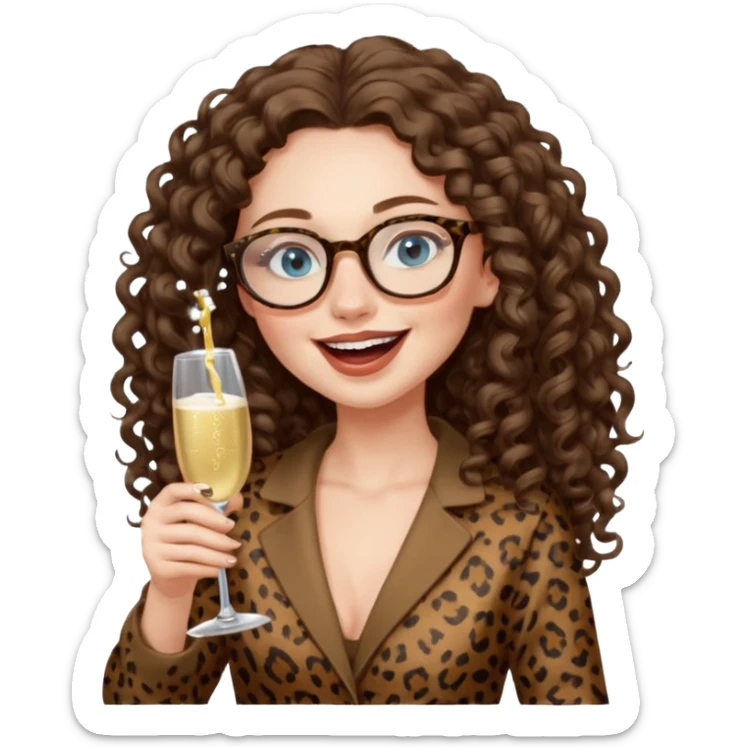 a blue eyed woman with very long brunette curly hair, full lips,and really pale skin. She is wearing a leopard printed thin round-ish glasses . She is wearing fully brown clothes. She is celebration sth with a bottle of champagne and laughing sticker