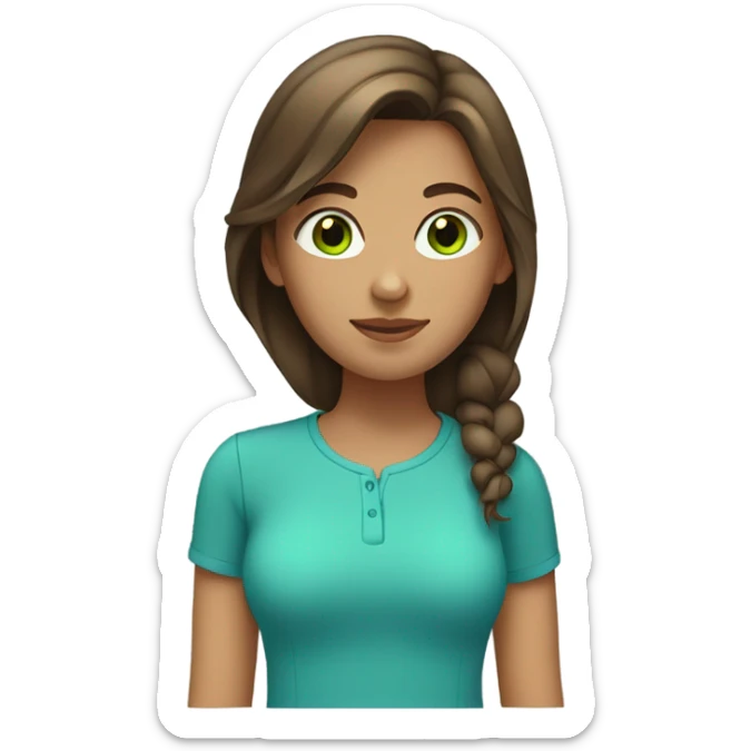 Girl with medium length brown hair, green eyes, tan skin and a blue shirt sticker