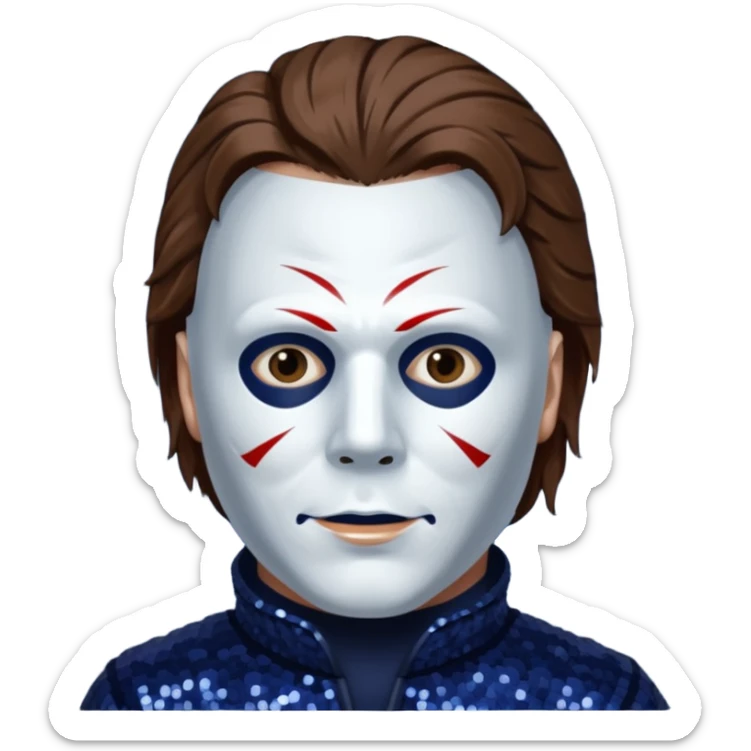 Michael Myers with white mask with brown hair, dark indigo sequin outfit  sticker
