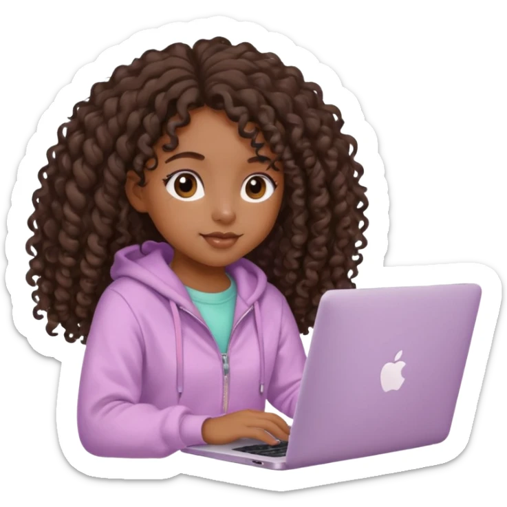 cute black girl with long curly hair, sitting at an Apple laptop, wearing pastel soft aesthetic clothing sticker