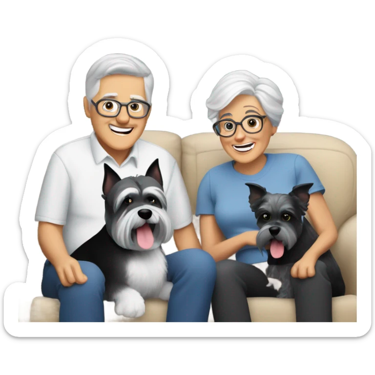 Two grandparents with grey hair sitting on the couch watching the superbowl with their schnauzer black and white dog￼ sticker