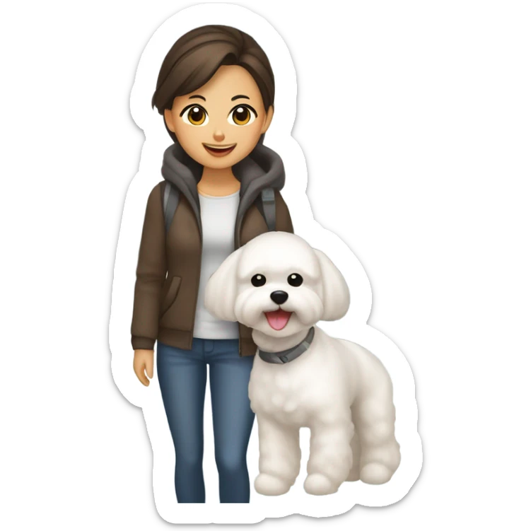 A hair-in-a-bun Asian woman, with brown hair, holding a cute and happy Bichon Frise at the airport  sticker