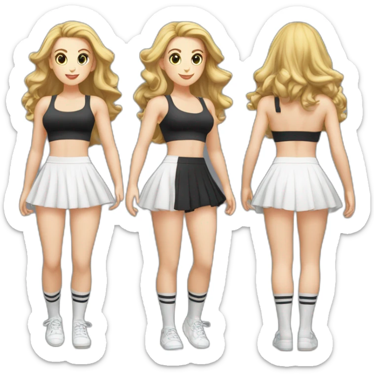 alistic-full-body-caucasian-curvy-beauty-jumping-short black-skirt-back-and-front-views-strong-wind-knickers-long-white-socks sticker