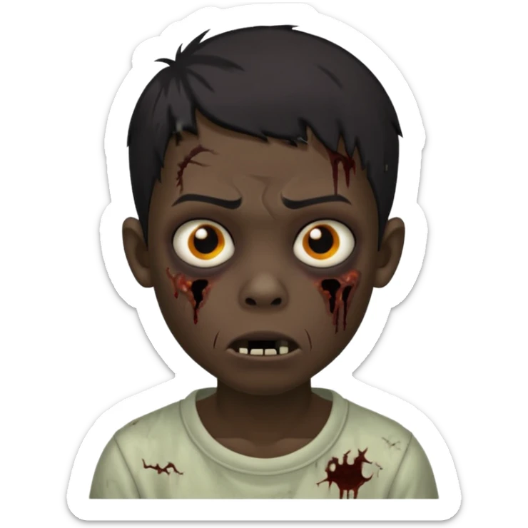 Make a boy zombie with a dark skin and short black hair 4c, spook and creepy expression emoji sticker