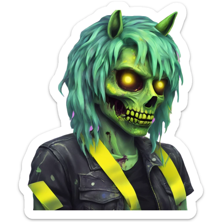 .Zombie_ Vaporwave black holographic oilslick zombie unicorn yellow caution tape sticker