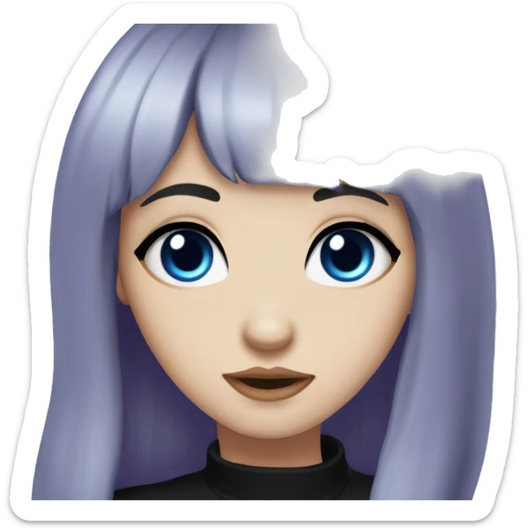 girl, pale skin, blue eyes, long hair, deep dark purple hair, bangs, black clothes, eyeliner, upper lip mole, black choker sticker