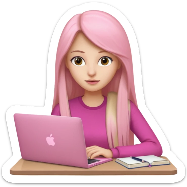 Mujer lacia peli larga y peli larga  en una MacBook rosa investigando y haciendo tareas con un libro de apuntes y con cara muy linda como modelo sticker