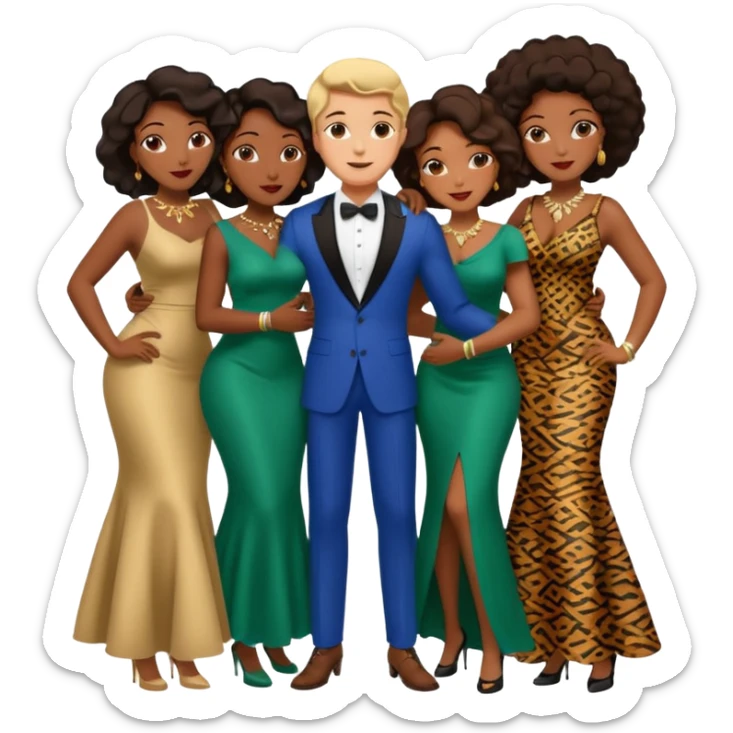 one american italian brunette young man surrounded by three african women with large butts hugging him and each other and grabbing his crotch (emphasis sticker