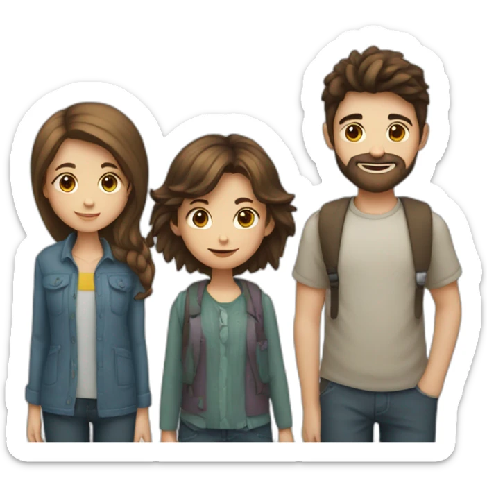 Three friends, a girl with long hair, a boy with short brown hair, a boy with short dark hair and beard sticker