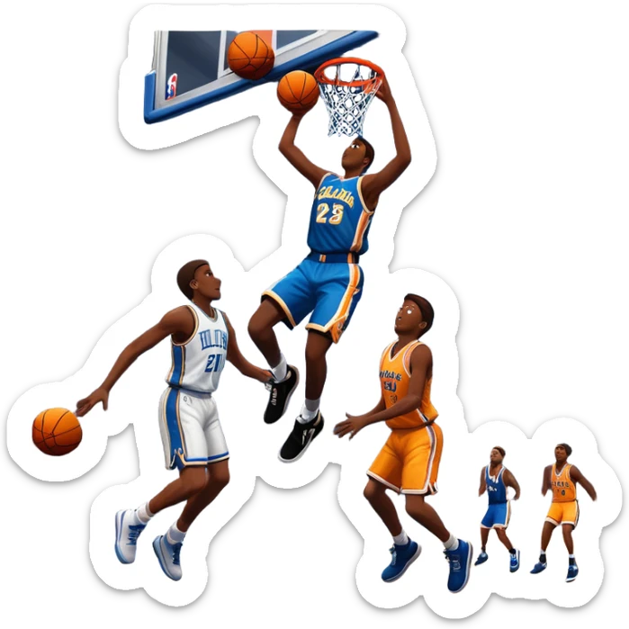 An icon featuring a basketball court with players in action, inspired by NBA 2K25. A player jumps for a dunk, with the ball mid-air. Bright lights illuminate the court, symbolizing the excitement of sports simulation games. Transparent background emphasizes the energy. sticker
