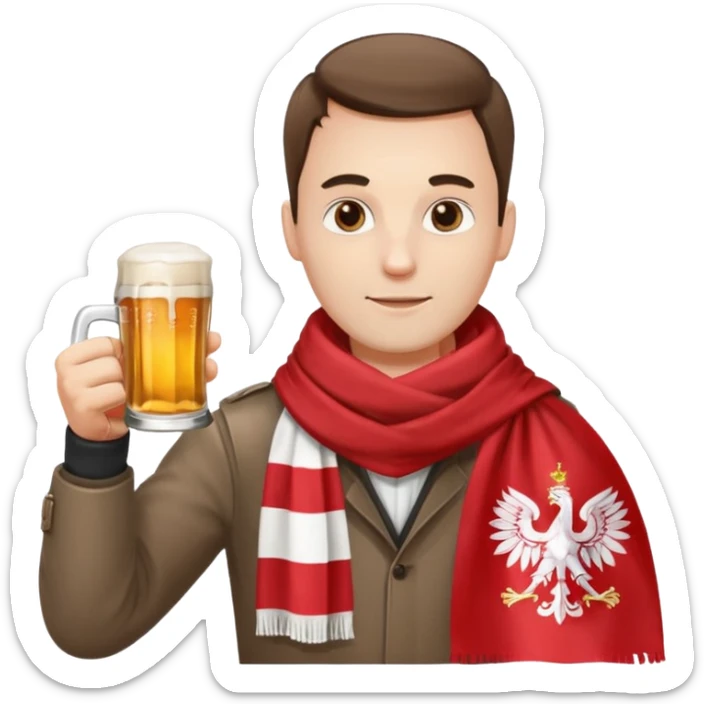 A man wearing a red and white scarf holding a Polish flag in one hand and a beer in the other sticker