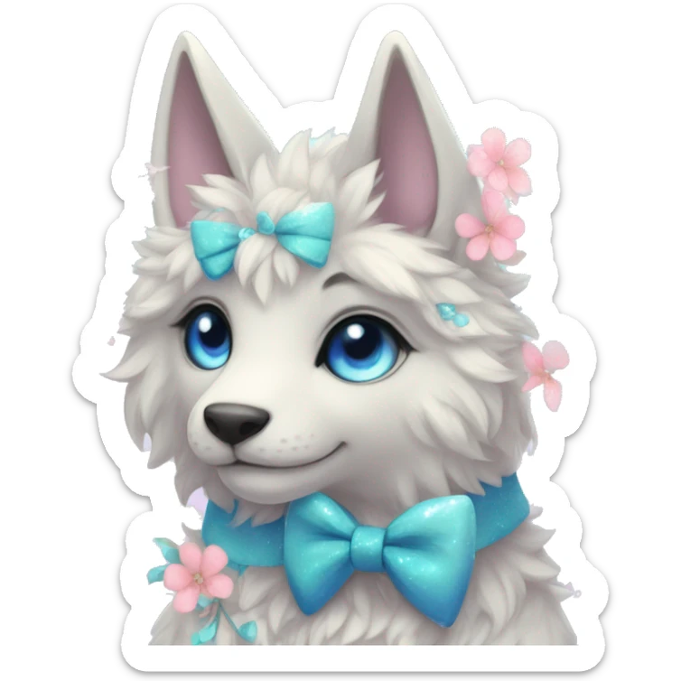 Anthro Cute Cool Kawaii gorgeous sparkly ethereal fantasy animal creature with blue eyes furry sona with flowers and bow tie beautiful aesthetic sticker