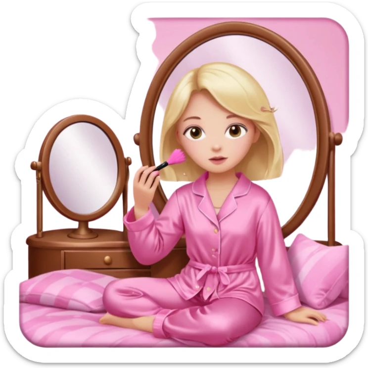 Show me a picture or a girl cat sitting in a cute room doing makeup into a pink little mirror wearing pink silky pajamas in a pink blanket sticker