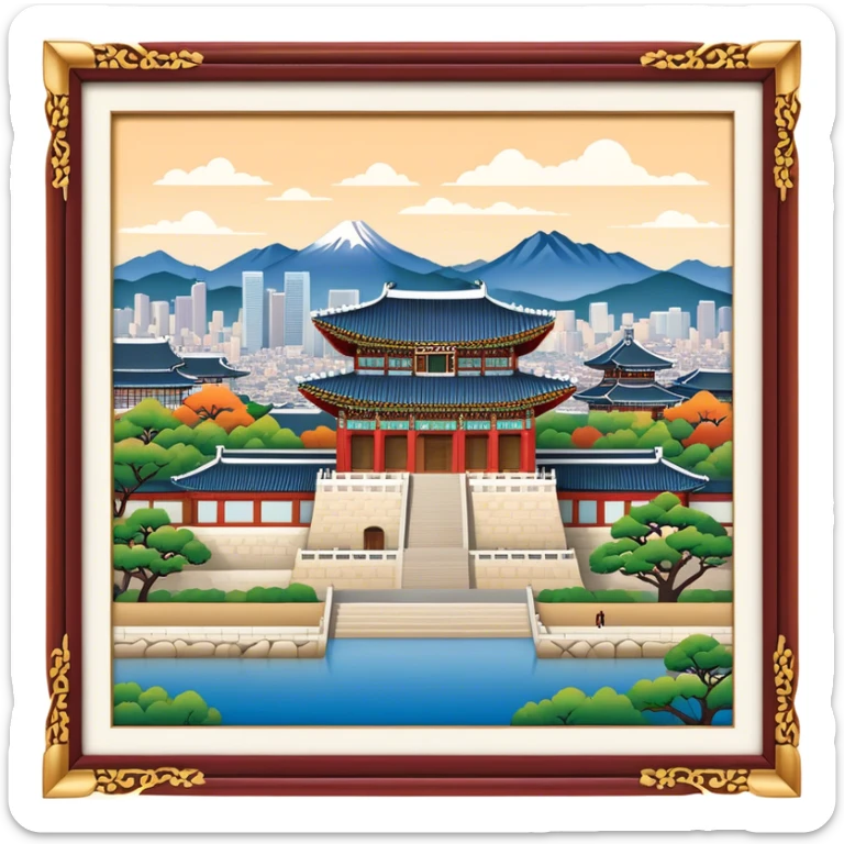 Cinematic Realistic Gyeongbokgung Palace Landmark Emoji, rendered with traditional Korean architecture, ornate wooden carvings, and vibrant colors, set against the backdrop of modern Seoul with soft evening light. sticker