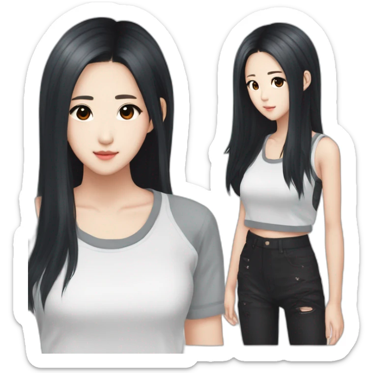 Kim jisoo idol with long but wolf cut bandgs with black hairs and with white sweatshort hair sticker