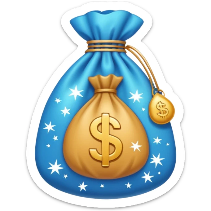 Minimal line-art icon of a money bag with sparkles around it, clean modern style, simple outlines, slight 3D, no background, transparent, represents clean and ethical income. sticker
