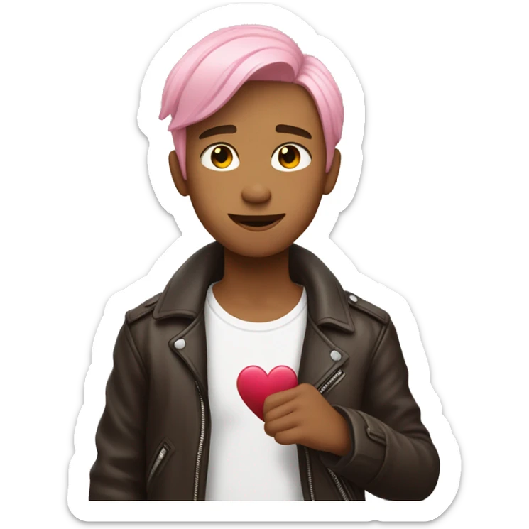 A young guy with shoulder-length pink hair wearing a white T-shirt and a brown leather jacket shows a heart with his fingers sticker
