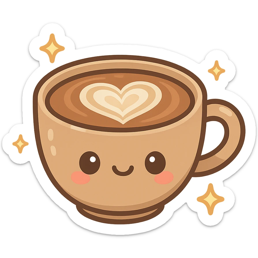 kawaii style cup of coffee with a heart-shaped latte art and sparkles sticker