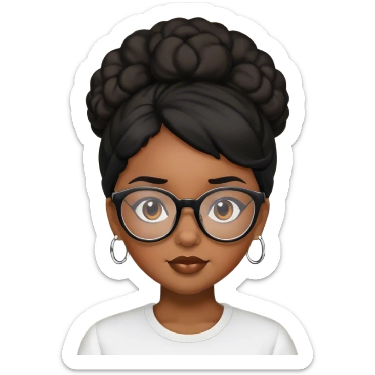 Brown skin girl with black hair with a puff and glasses.  sticker