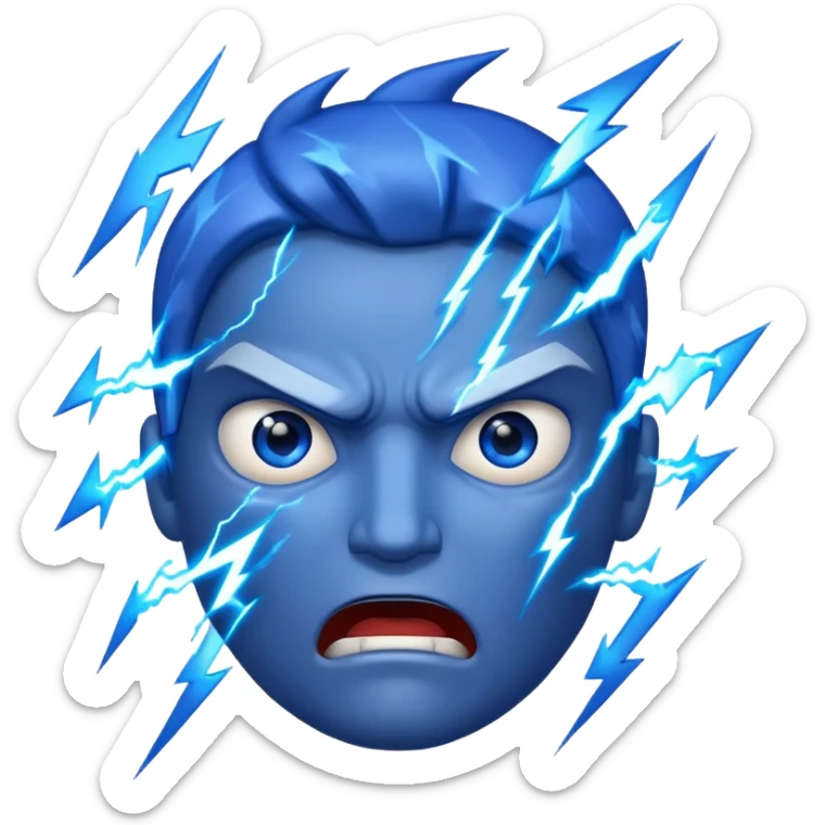 Rayos, centellas y estrellas en una cara color azul con expresiones de furia sticker