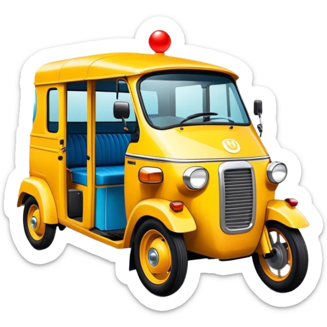 Cinematic Realistic Tuk Tuk Pop Culture Emoji, featuring a vibrant portrayal of the iconic Thai tuk tuk rendered with dynamic textures and lively, urban lighting. sticker