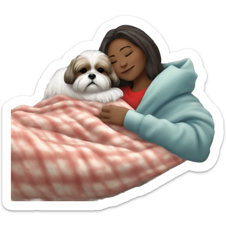 Shih tzu dog and human woman sleeping on couch with fluffy blanket Christmas sticker