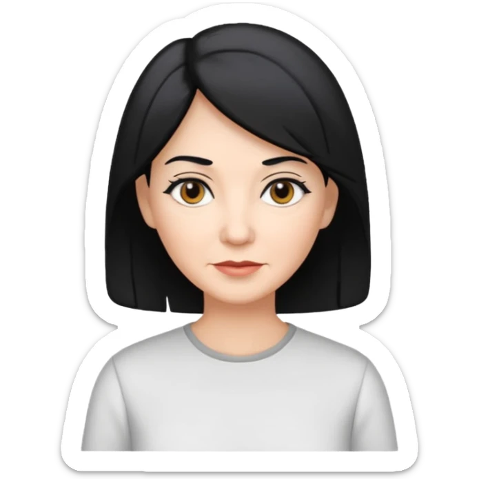 Woman in her 60s with black hair and grey highlights and white shirt sticker