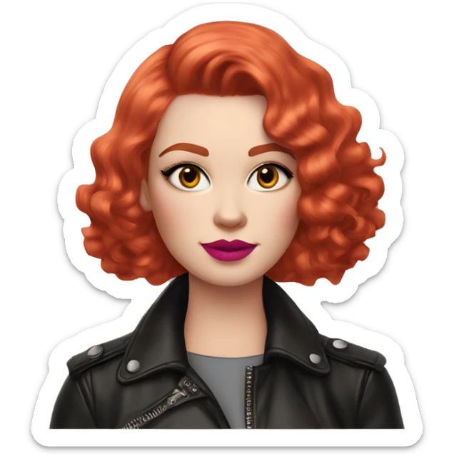 Woman with very pale skin, bright red curly short bob hair that is parted on the side, heavy cat-eye makeup, long eyelashes, bright pink blush and bright pink lipstick.  Her eyebrows are dark, arched and very high.  Hazel eyes. Wearing a leather jacket  sticker