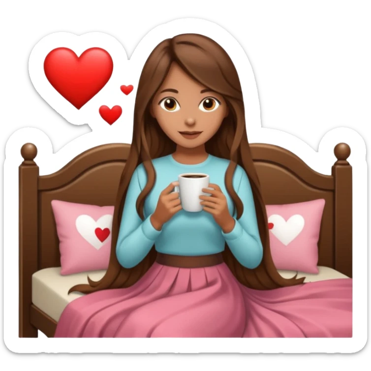 Un emoji de una chica con el pelo castaño y largo y suelto así como vestida como una that Girl y un café con dibujo de corazón y una cama aesthetic modo vida perfecta sticker