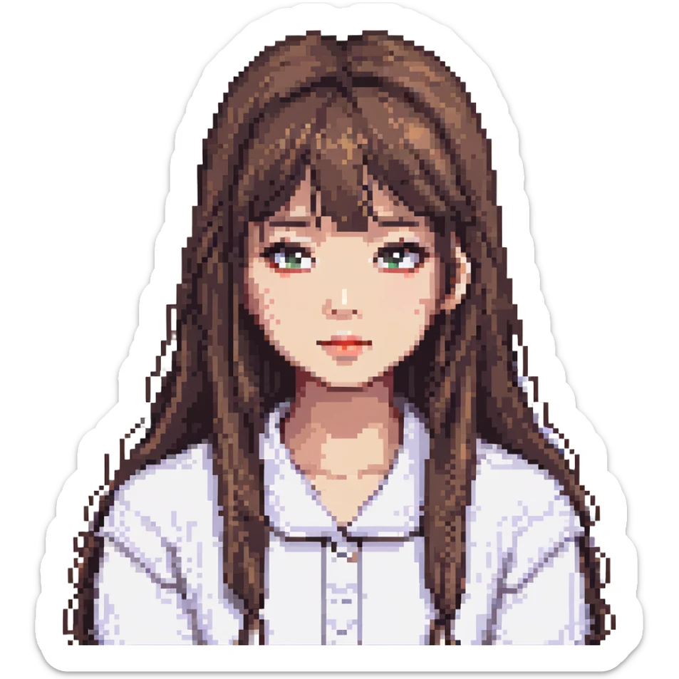 pixel art Asian girl with long hair and thin bangs, round eyes, no double eyelids sticker