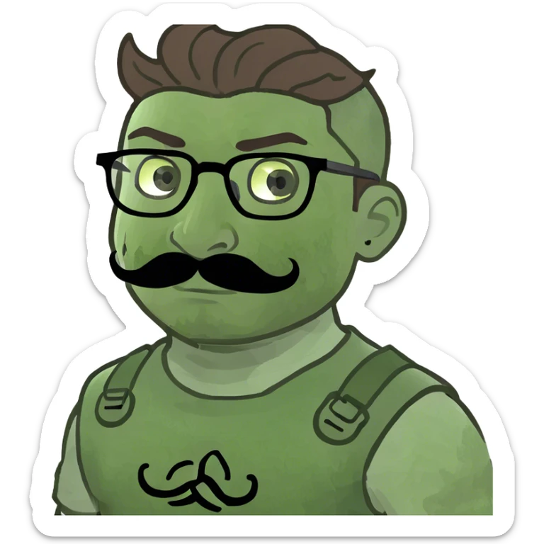 Boy with brown hair and green eyes and glasses who is warriror and with mustache sticker