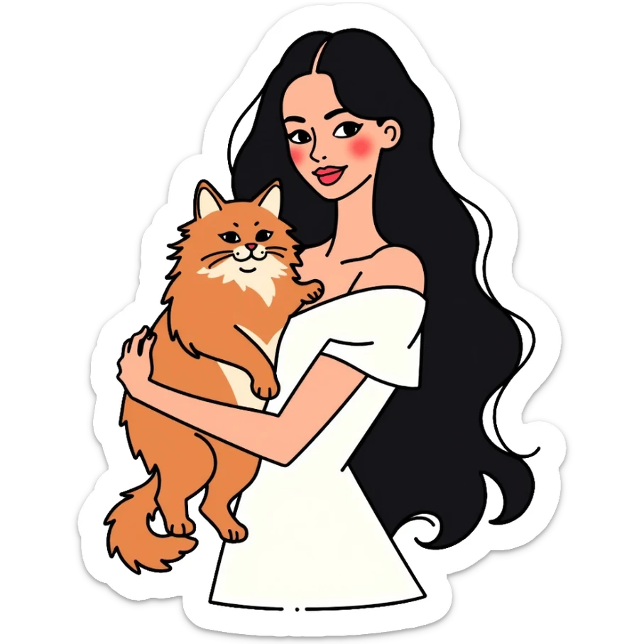 beautiful girl with long black hair wearing a white dress holding an Abyssinian cat with reddish-brown fur in her arms sticker