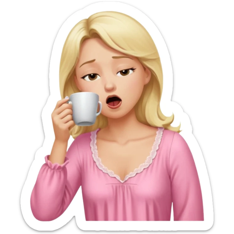 A blonde woman in a pink nightgown yawns, looking sleepy with dark circles under her eyes, drinking coffee, looking like she just woke up sticker