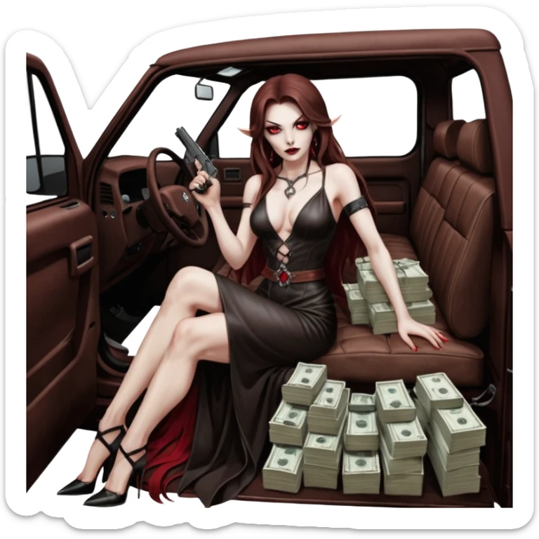 Lilith red eye seductress evil long brown haired sexy succubus woman with leather long dress with slit on, sitting in Big Large F350 pickup truck. Back seat full of stacks of cash, she is  Holding a human skull of her enemies and a gun in other hand sticker