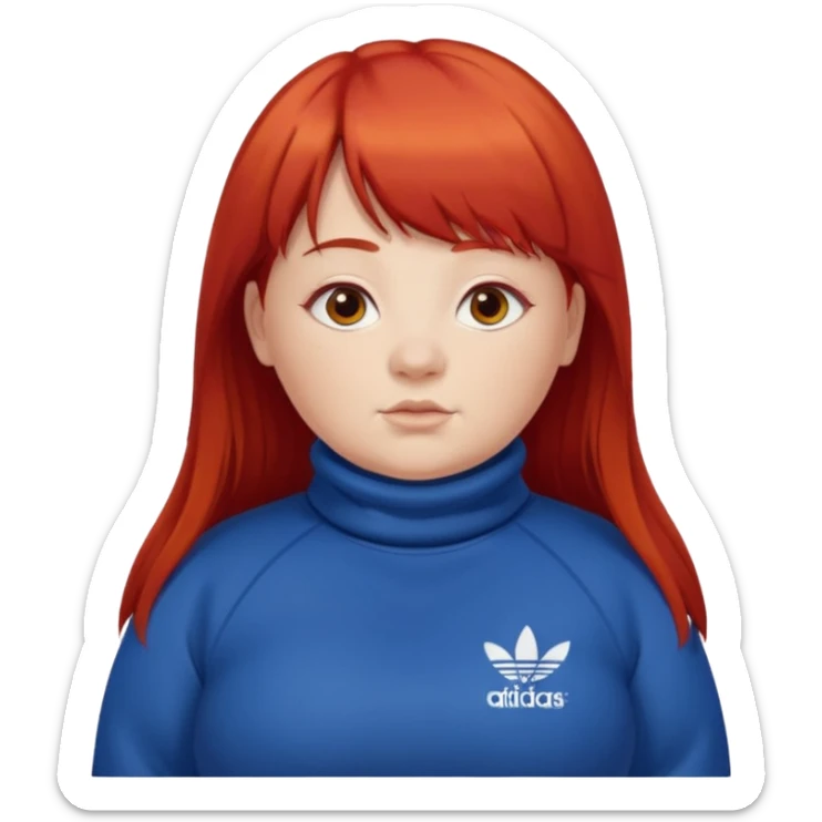Crie um emoji de uma menina gordinha com o cabelo vermelho longo com uma franja reta casaco de gola alta da adidas sticker