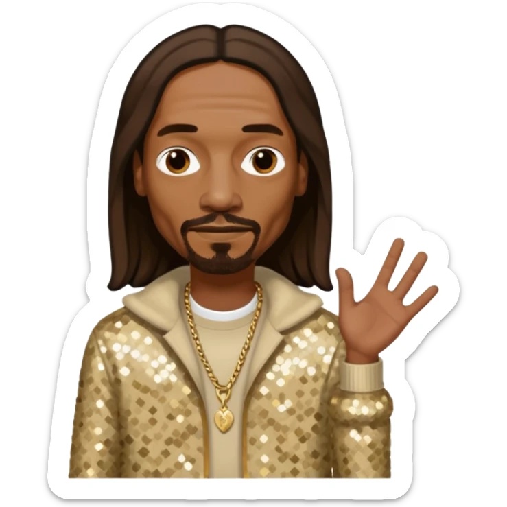 Snoop Dogg with long dark brown hair, beige sequin outfit sticker