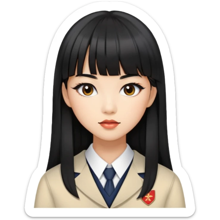 fashionable woman with Asian skin tone, long straight black hair with straight bangs, school uniform, and stylish makeup sticker