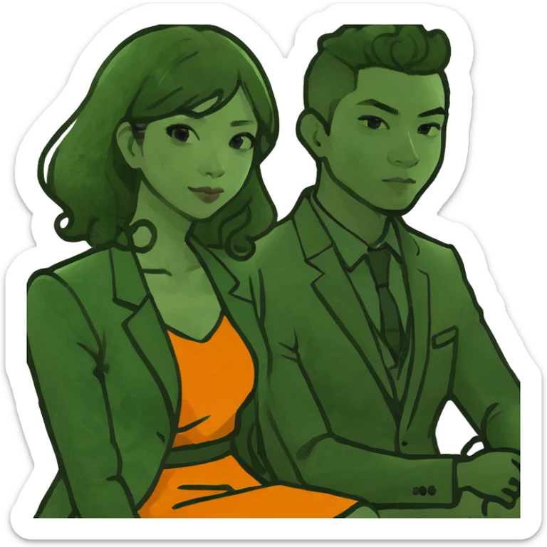 Asian straight hair women sit on asian curly hair men sticker