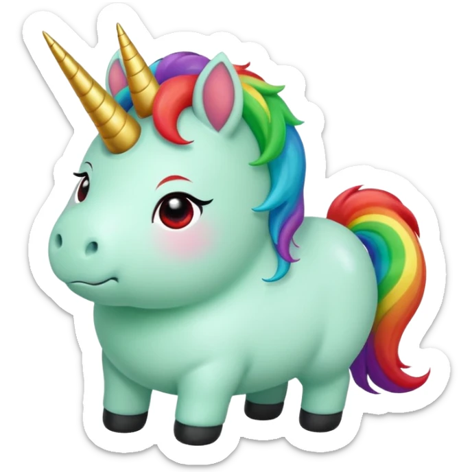 Small chubby unicorn in colours of jade green, black and red eyes, farting rainbow sticker