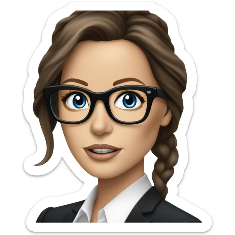 Hyper Realistic photo Kate Beckinsale blue eyes wearing glasses in a business meeting black dress sticker