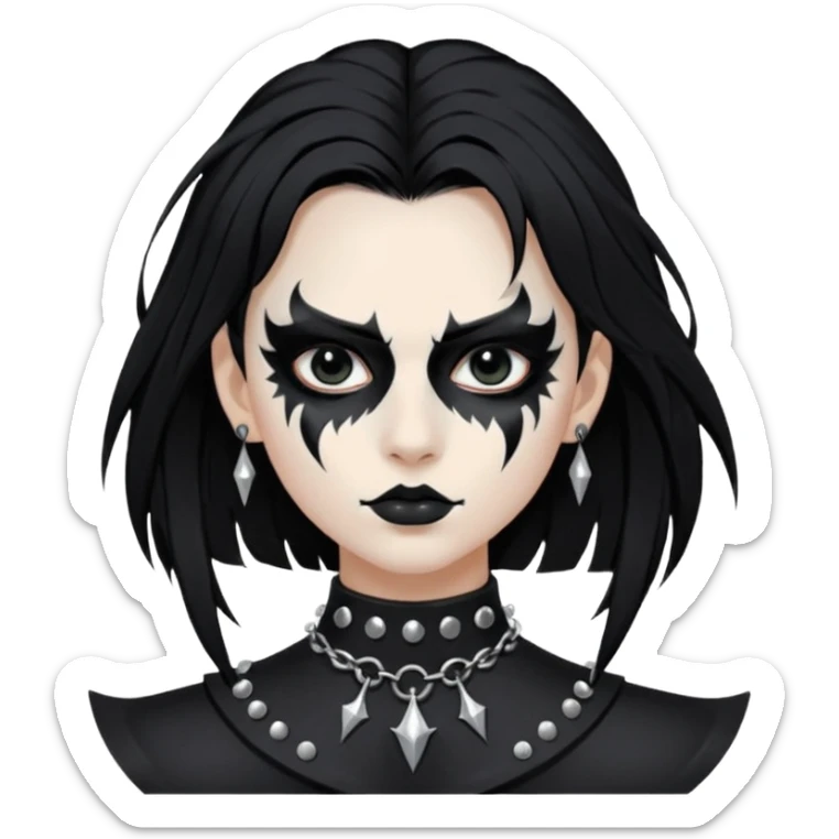 Crea una ragazza con stile black metal,  paint face black metal, capelli neri mossi dalle spalle e occhi bianchi e un collare con borchie a punta sticker