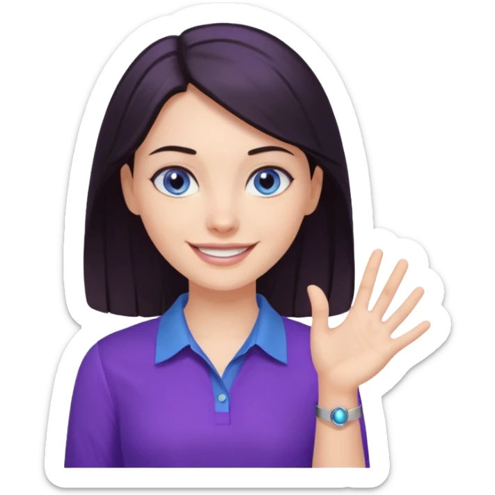 Grinning dark hair woman with blue eyes, wearing purple shirt - explaining something with her hand

 sticker