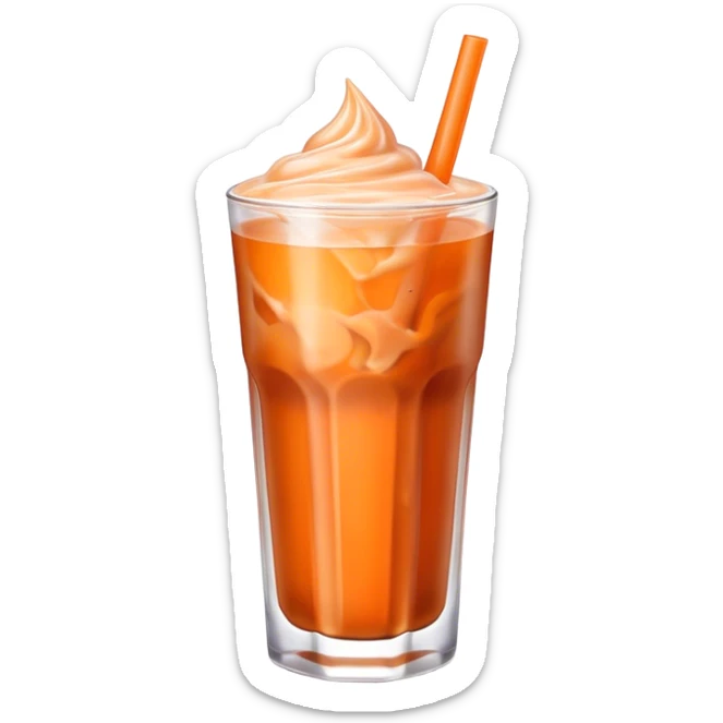 Cinematic Realistic Thai Ice Tea Drink Emoji, depicted as a chilled glass of sweet, creamy iced tea rendered with vivid textures and refreshing, dynamic lighting. sticker