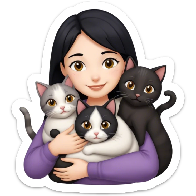 happy girl with black hair hugging three cats  (black cat, gray cat, brown calico cat) sticker